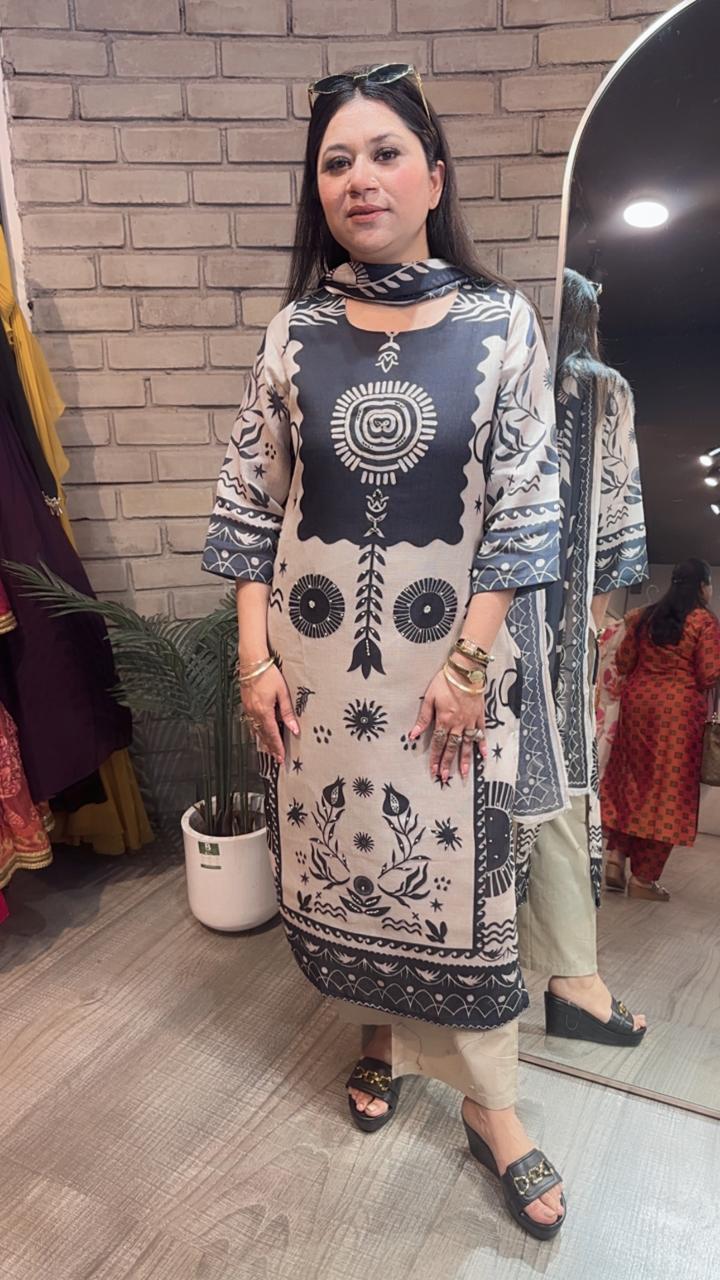 Abirr Beige Black Digital Cotton suit