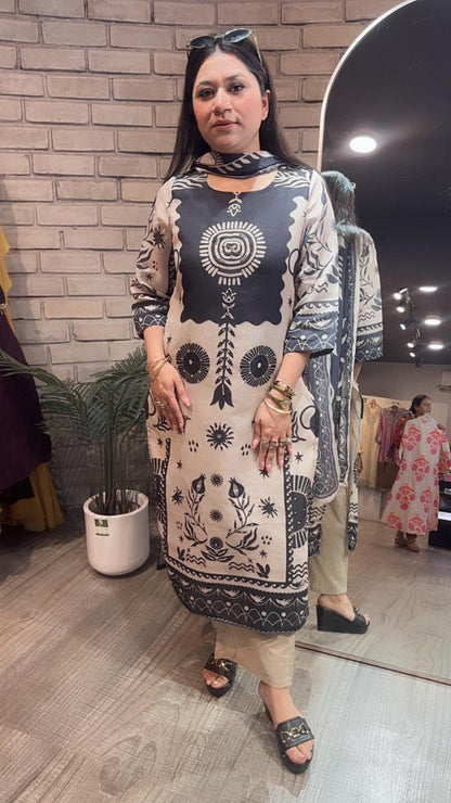 Abirr Beige Black Digital Cotton suit