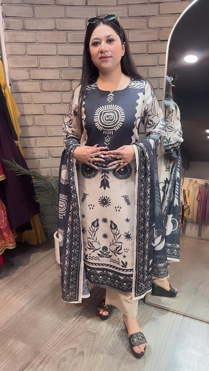 Abirr Beige Black Digital Cotton suit