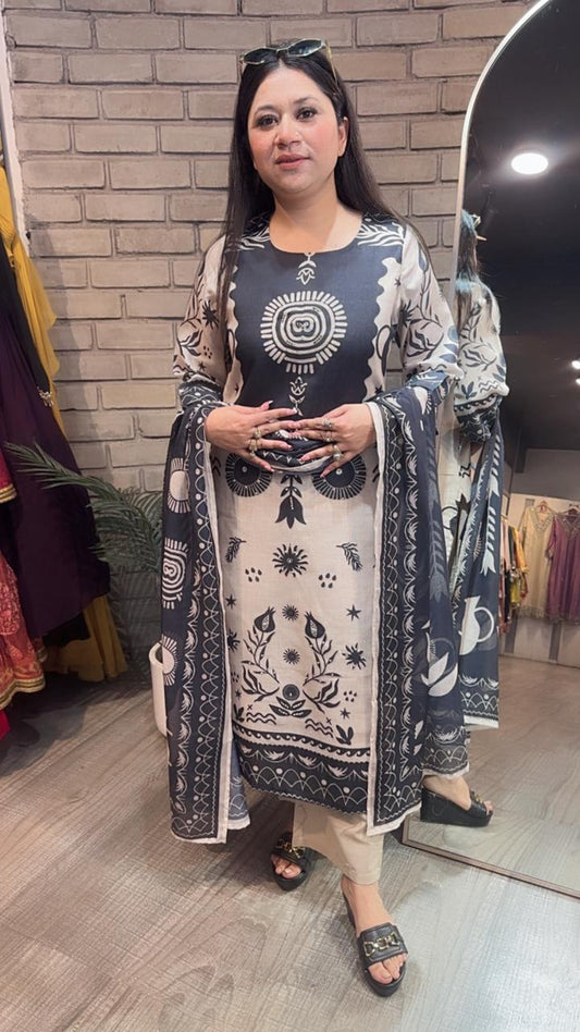 Abirr Beige Black Digital Cotton suit
