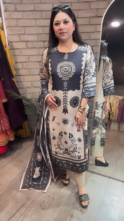 Abirr Beige Black Digital Cotton suit