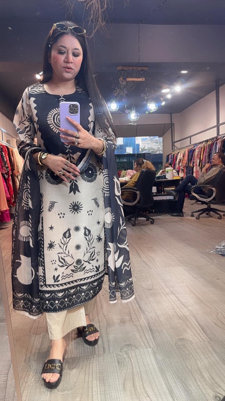 Abirr Beige Black Digital Cotton suit
