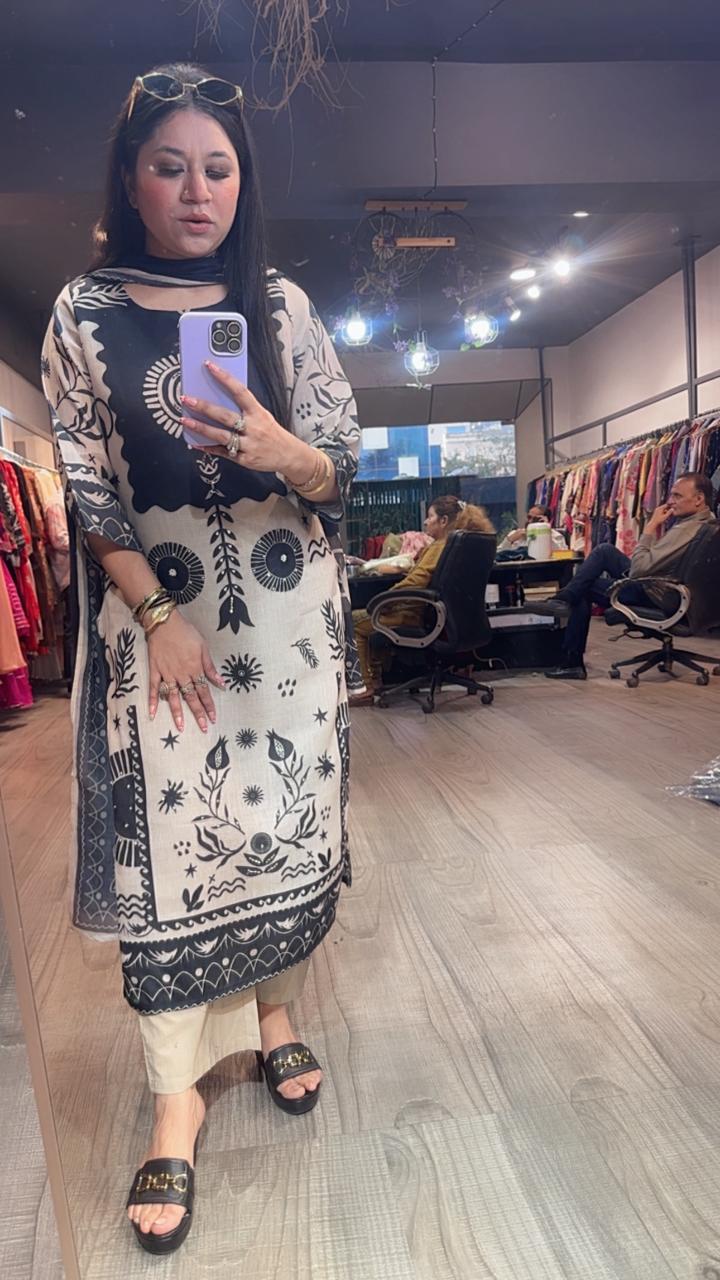 Abirr Beige Black Digital Cotton suit