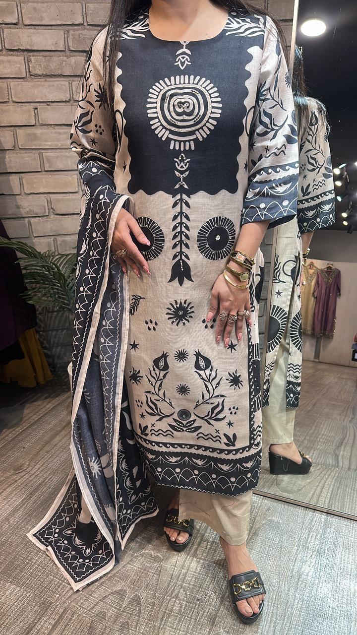 Abirr Beige Black Digital Cotton suit