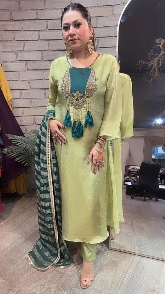 Zari pista Green Tassel A-Line Designer Suit