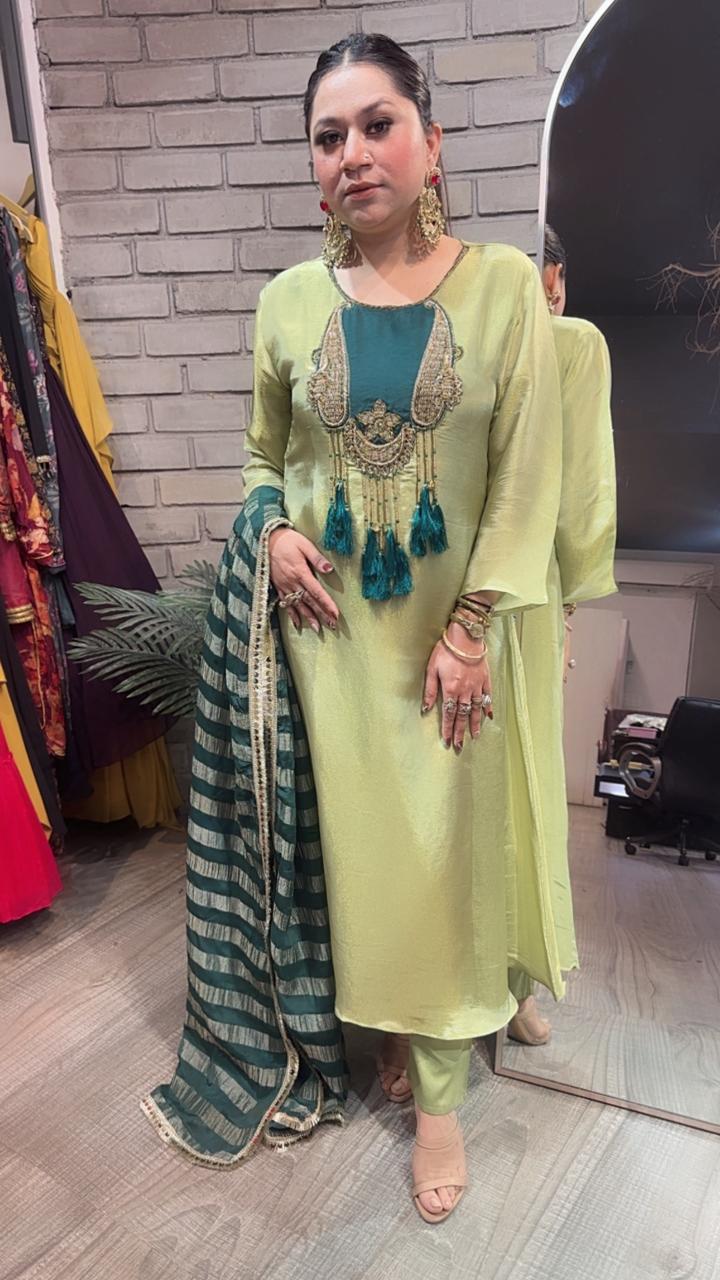 Zari pista Green Tassel A-Line Designer Suit