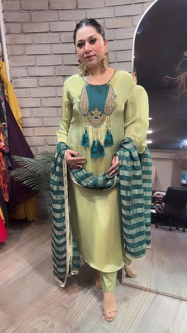 Zari pista Green Tassel A-Line Designer Suit