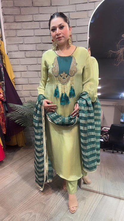 Zari pista Green Tassel A-Line Designer Suit