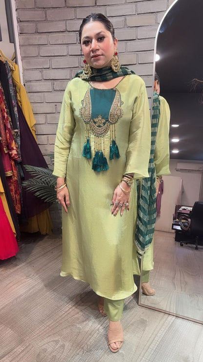 Zari pista Green Tassel A-Line Designer Suit