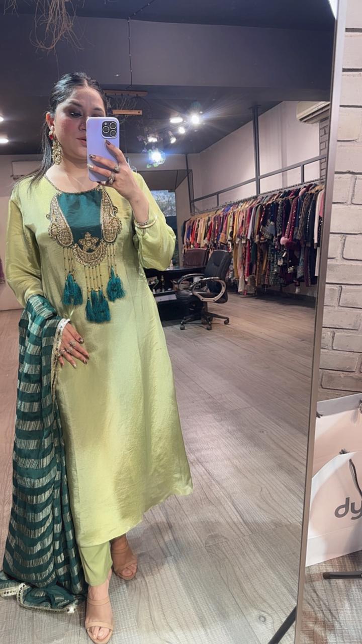 Zari pista Green Tassel A-Line Designer Suit