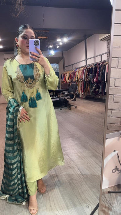 Zari pista Green Tassel A-Line Designer Suit