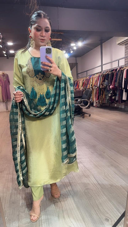 Zari pista Green Tassel A-Line Designer Suit