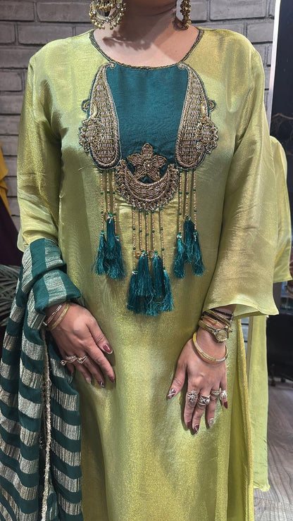 Zari pista Green Tassel A-Line Designer Suit