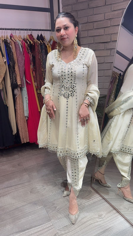 Farzi Ivory mirror work Dhoti Style Suit