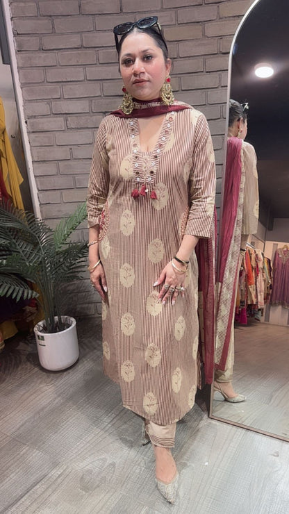 Leela Mahroon Beige Designer Cotton Suit