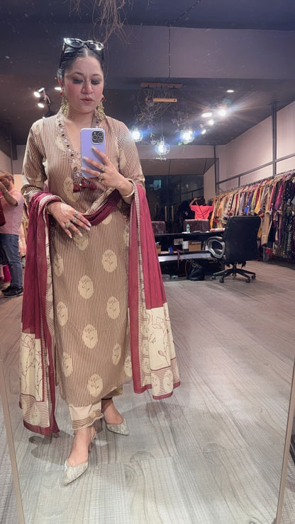 Leela Mahroon Beige Designer Cotton Suit