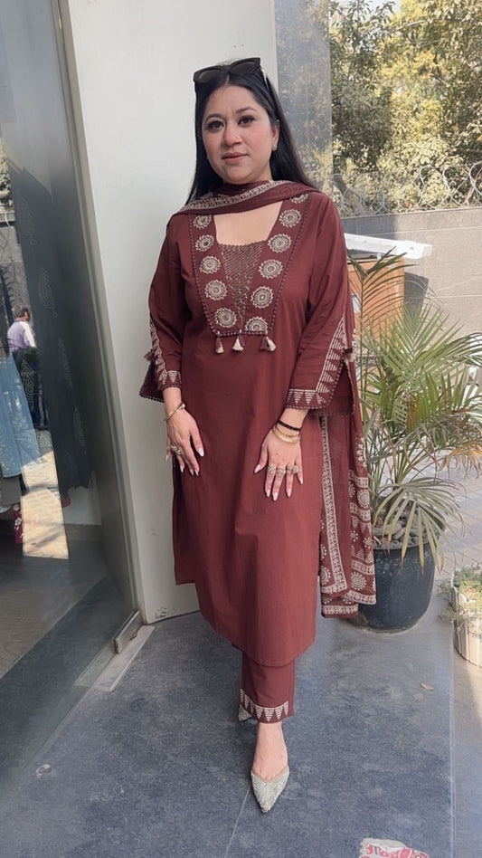 Chai Brown Designer Cotton Suit