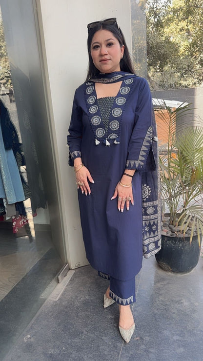 Chai Blue Designer Cotton Suit
