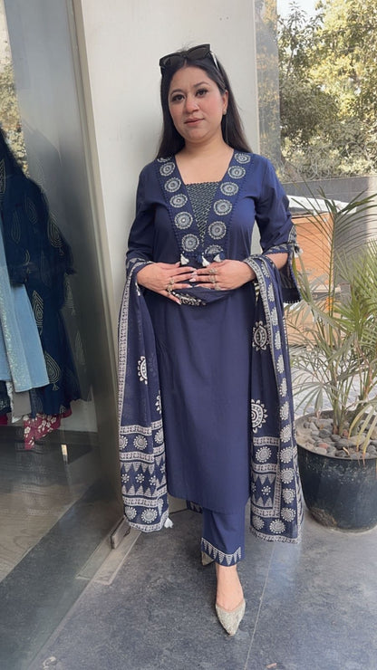Chai Blue Designer Cotton Suit