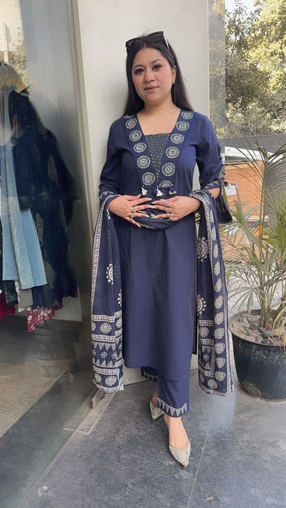 Chai Blue Designer Cotton Suit