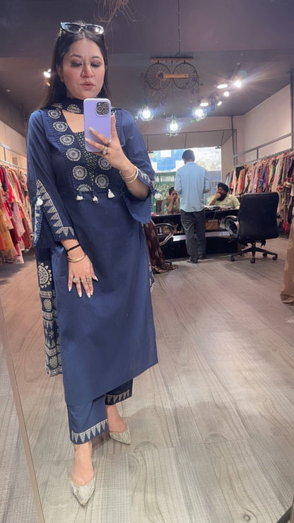 Chai Blue Designer Cotton Suit