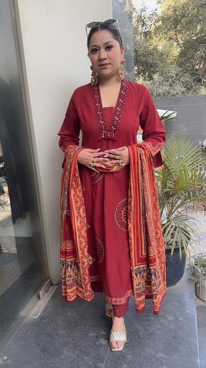 Ketali Rust Cotton Designer Suit