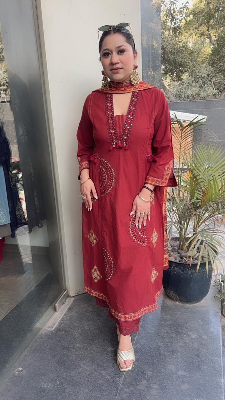 Ketali Rust Cotton Designer Suit