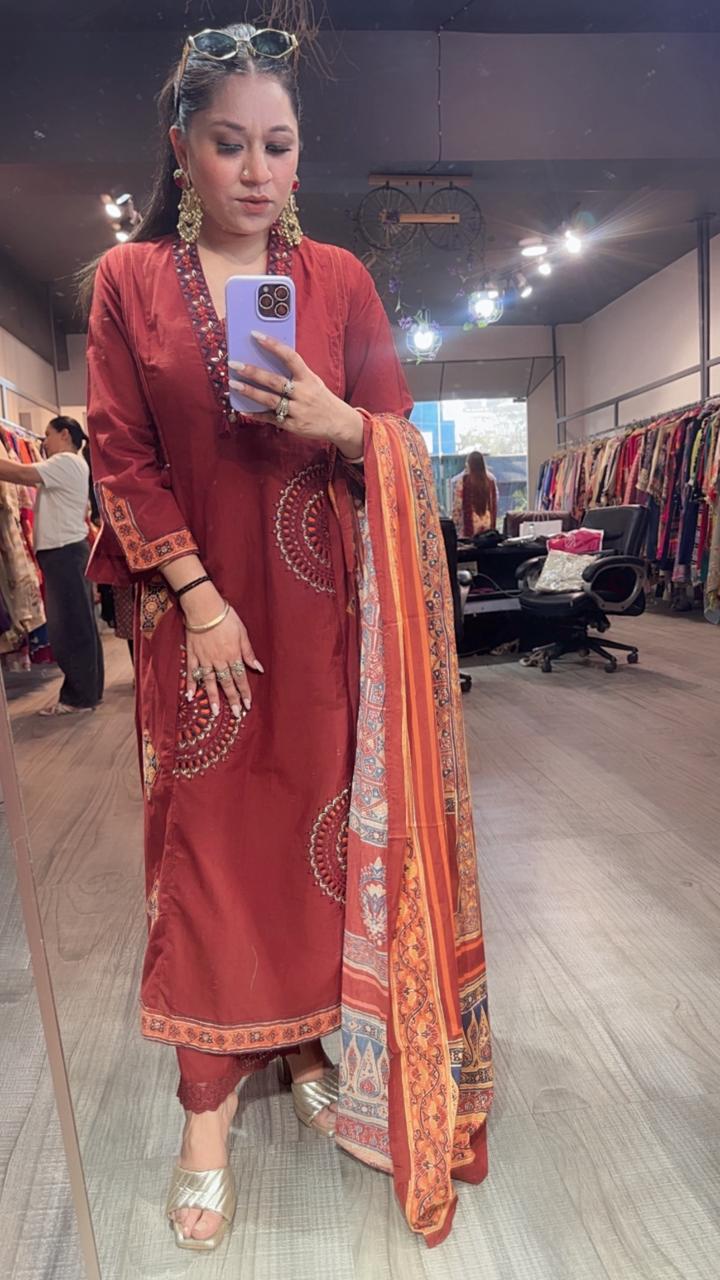 Ketali Rust Cotton Designer Suit