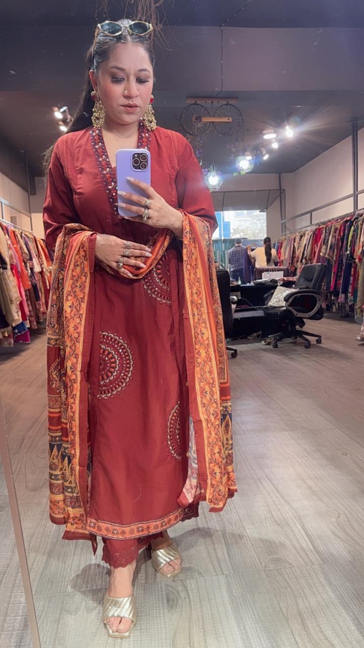 Ketali Rust Cotton Designer Suit