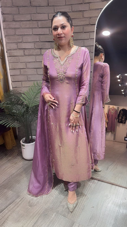 Curry lavander Designer A-Line Cotton Shimmer Suit