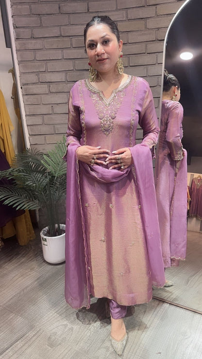 Curry lavander Designer A-Line Cotton Shimmer Suit