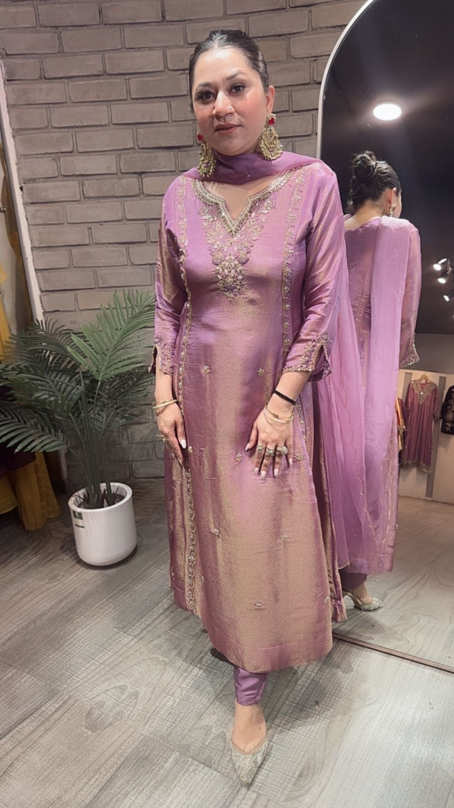 Curry lavander Designer A-Line Cotton Shimmer Suit