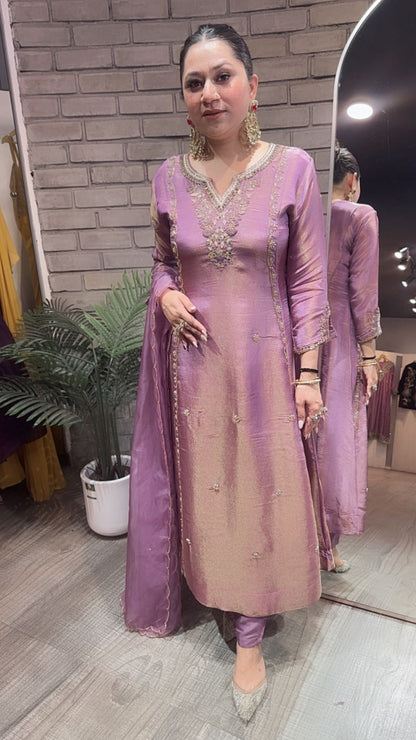 Curry lavander Designer A-Line Cotton Shimmer Suit