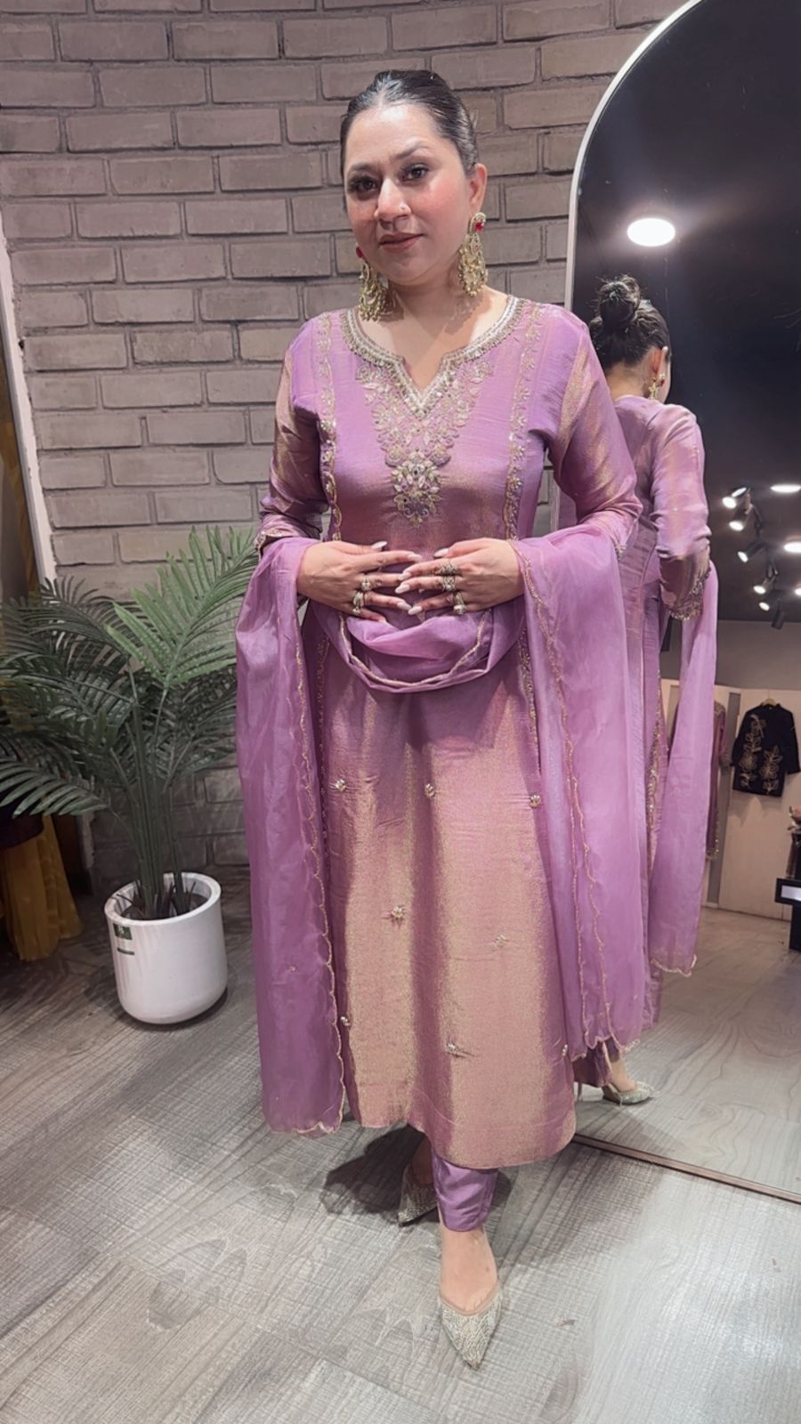 Curry lavander Designer A-Line Cotton Shimmer Suit