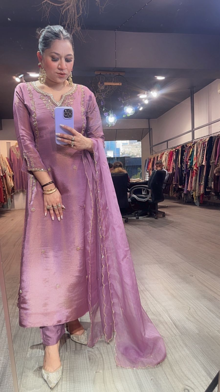 Curry lavander Designer A-Line Cotton Shimmer Suit