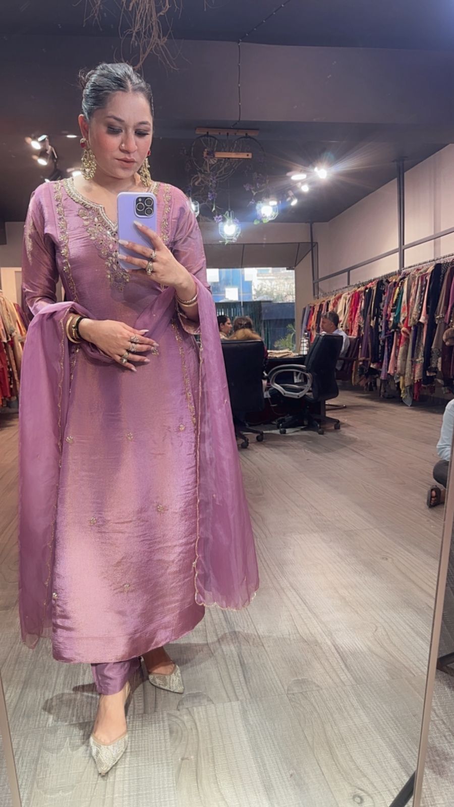 Curry lavander Designer A-Line Cotton Shimmer Suit