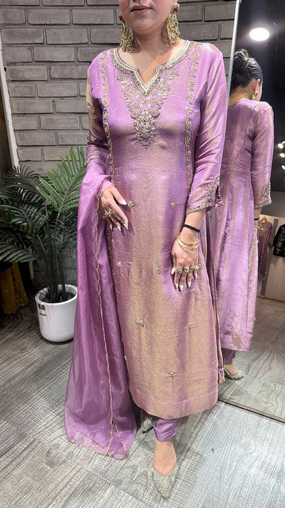 Curry lavander Designer A-Line Cotton Shimmer Suit