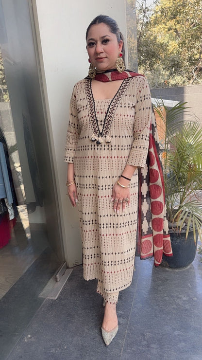 Iltija Beige Digital Designer Cotton Suit