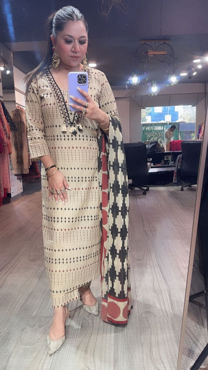 Iltija Beige Digital Designer Cotton Suit