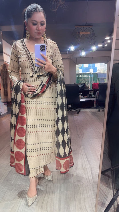 Iltija Beige Digital Designer Cotton Suit