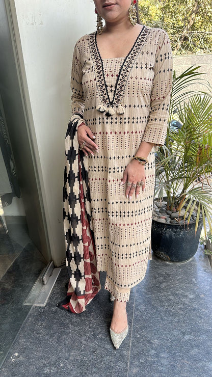 Iltija Beige Digital Designer Cotton Suit