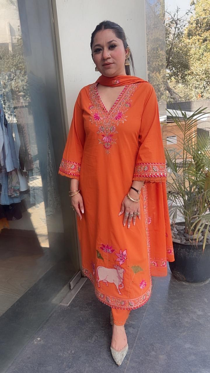 Zebu Orange Designer Cotton Suit