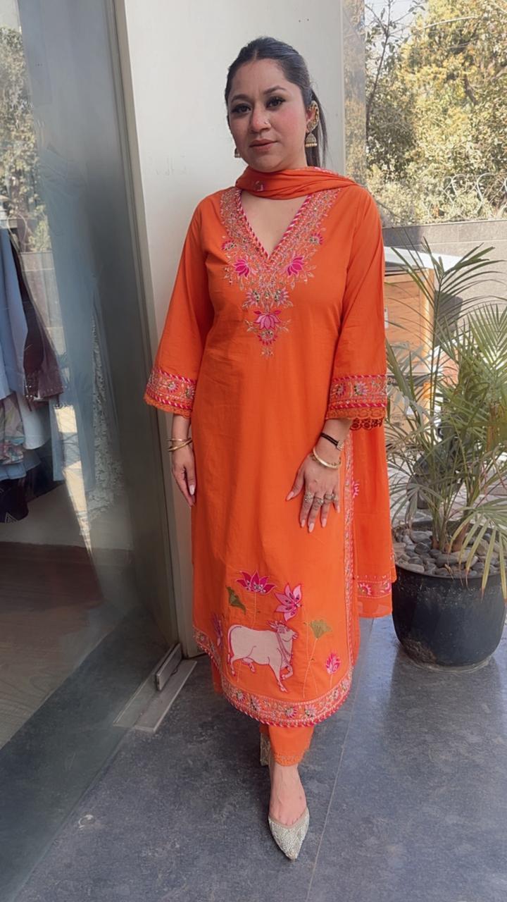 Zebu Orange Designer Cotton Suit