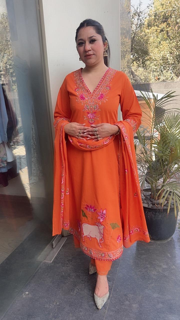 Zebu Orange Designer Cotton Suit