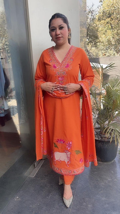 Zebu Orange Designer Cotton Suit