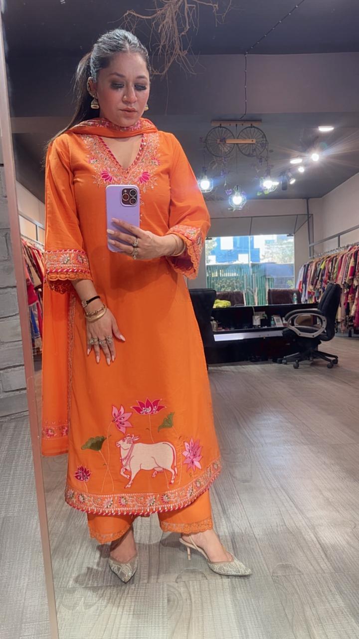 Zebu Orange Designer Cotton Suit