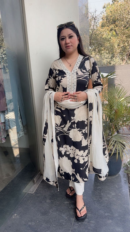 Florid Black white Digital Cotton Designer Suit