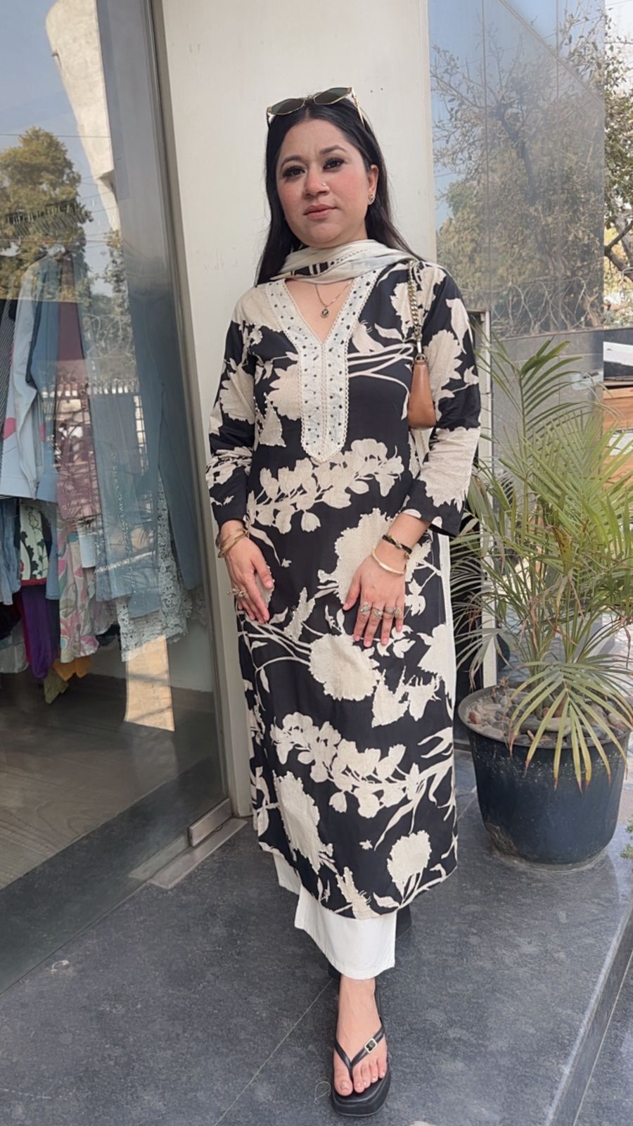 Florid Black white Digital Cotton Designer Suit