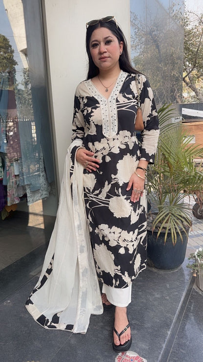 Florid Black white Digital Cotton Designer Suit