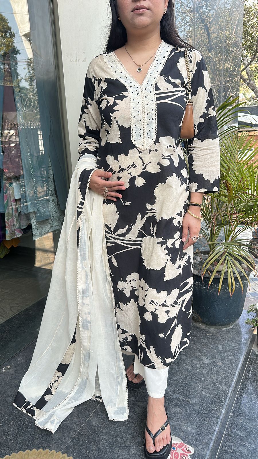 Florid Black white Digital Cotton Designer Suit